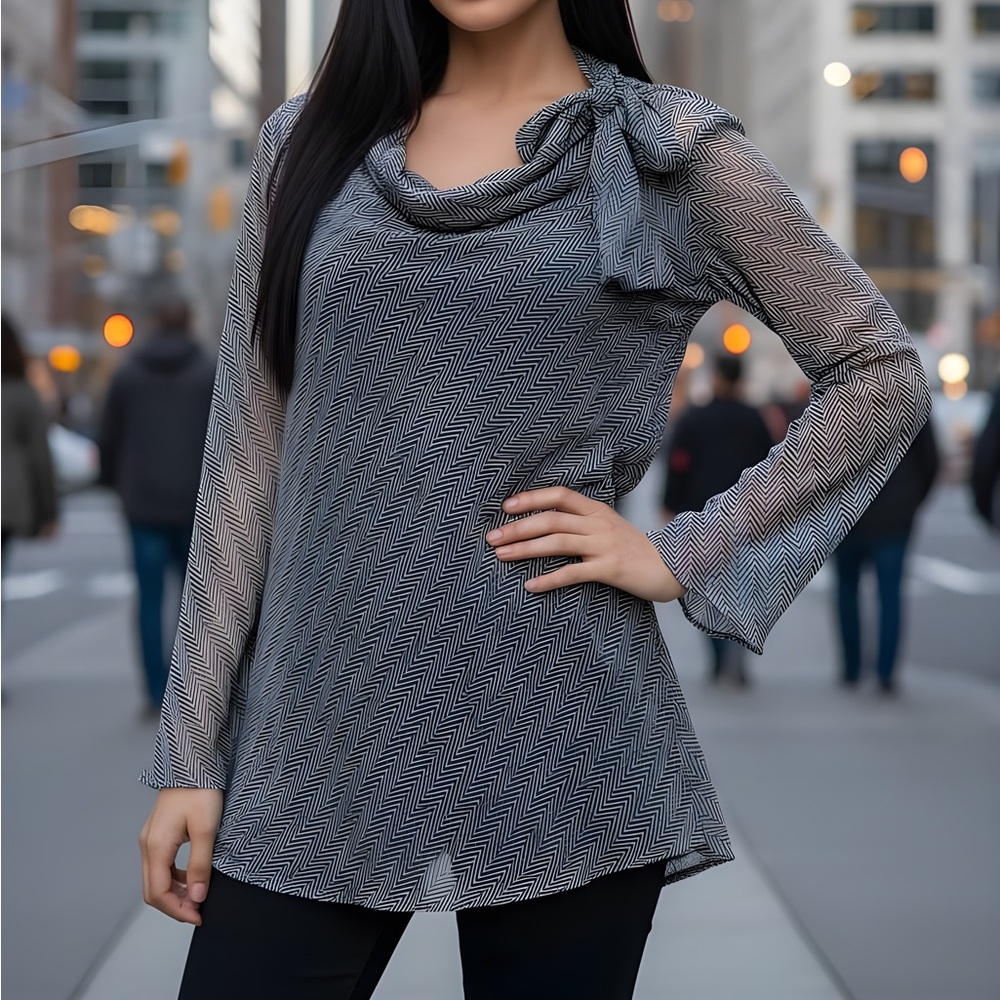 List Boutique Herringbone pussybow sheer top - S